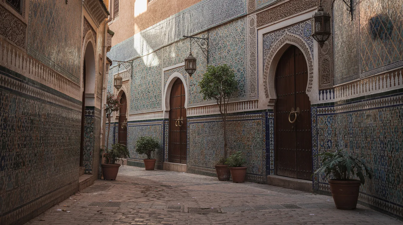 The image depicts a narrow alleyway within a Moroccan medina, showcasing vibrant ceramic tiles and arched doorways, with sunlight streaming through, creating a warm and inviting atmosphere. This scene captures the essence of Moroccan culture, perfect for travelers seeking unique experiences and hidden gems while exploring the bustling souks.