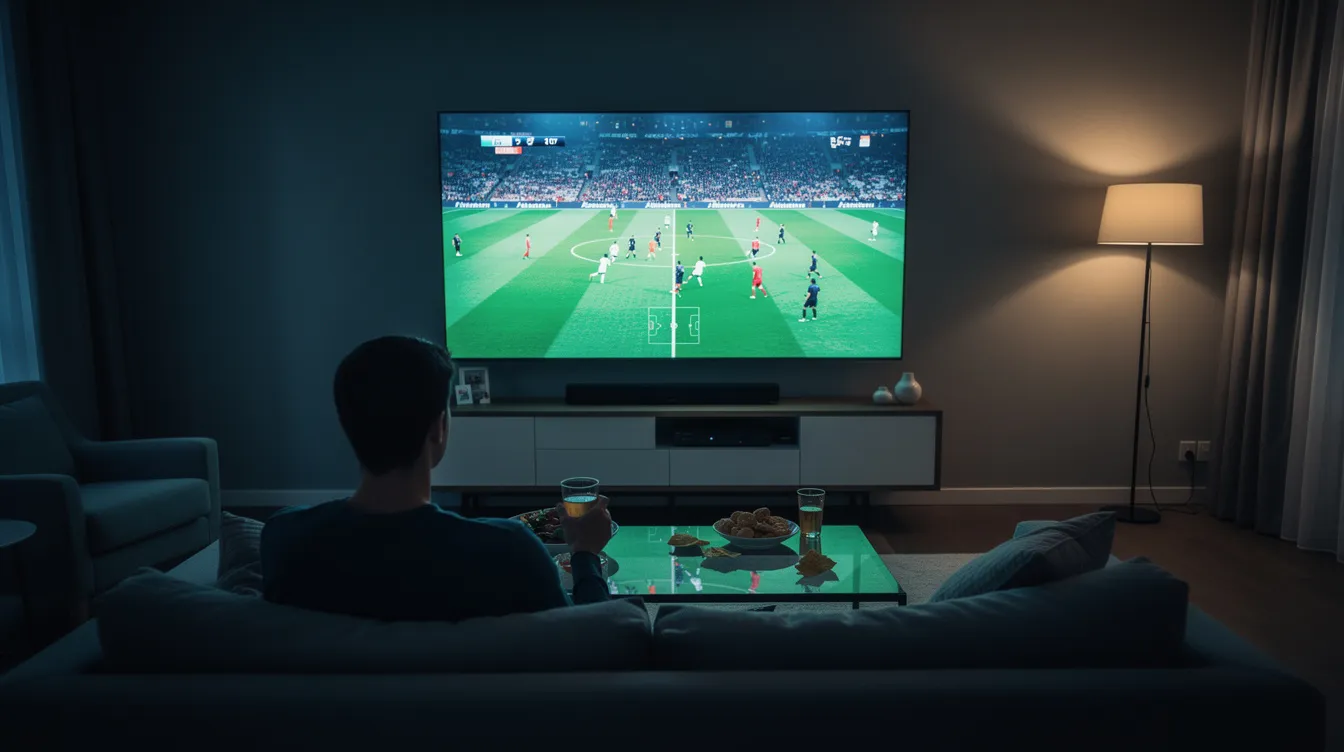 A person is intently watching a live soccer match on a large wall-mounted smart TV in a dimly lit room, enjoying the high-quality streaming of live sports through an IPTV service. The atmosphere is filled with excitement as they engage with the action on screen, showcasing the benefits of watching live TV channels through reliable IPTV providers.