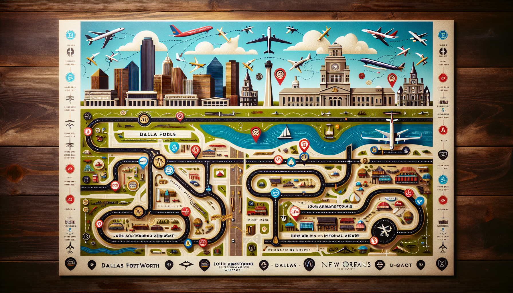 An illustration depicting the airports serving Dallas and New Orleans.