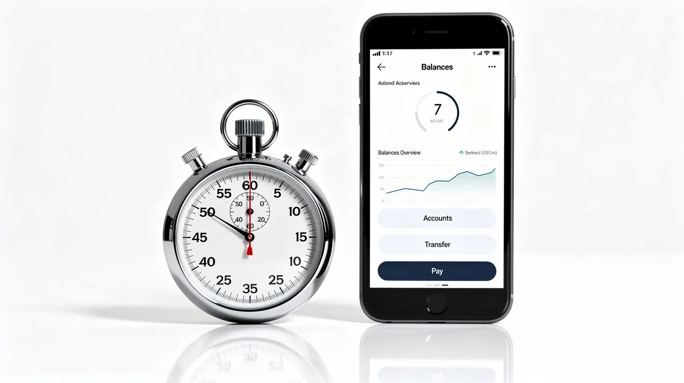 The image features a stopwatch positioned next to a smartphone displaying a banking app, all set against a clean white background. This visual suggests a sense of urgency and efficiency, possibly relating to quick loan approvals or financial transactions.