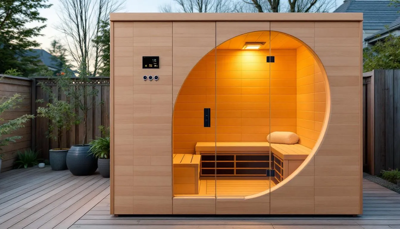 The image depicts a modern electric home sauna featuring a sleek design with a sauna heater and a control panel for temperature adjustments. Inside the sauna room, warm wood paneling and LED lighting create a relaxing atmosphere, while the space is equipped to ensure safety with proper electrical requirements and ventilation for an enjoyable sauna experience.