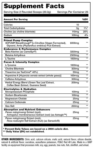 A label of Animal Primal Pre Workout with its nutritional information