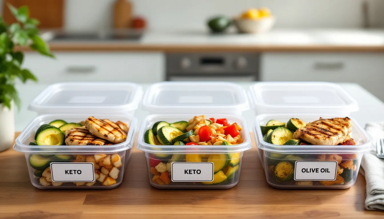 An organized display of meal prep containers filled with vibrant keto meals, featuring proteins like chicken and bacon, assorted vegetables, and healthy fats, is set on a kitchen counter, showcasing a colorful keto diet meal prep for easy meal planning and weight loss.
