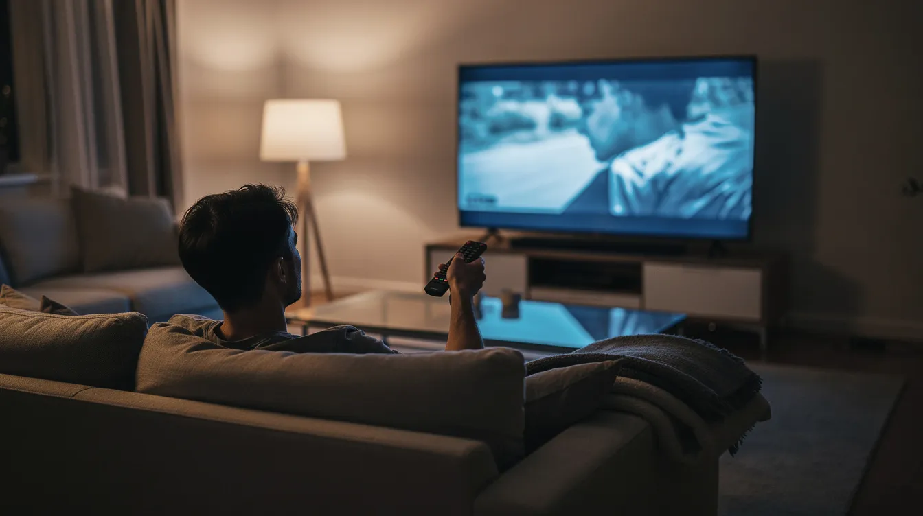 A person is comfortably lounging on a sofa, holding a TV remote, with a large screen TV glowing in the background, suggesting a cozy atmosphere for enjoying live television and a variety of channels. This scene evokes the idea of a premium streaming experience, possibly with an IPTV subscription like Kenoatv, offering access to thousands of live TV channels and on-demand content.