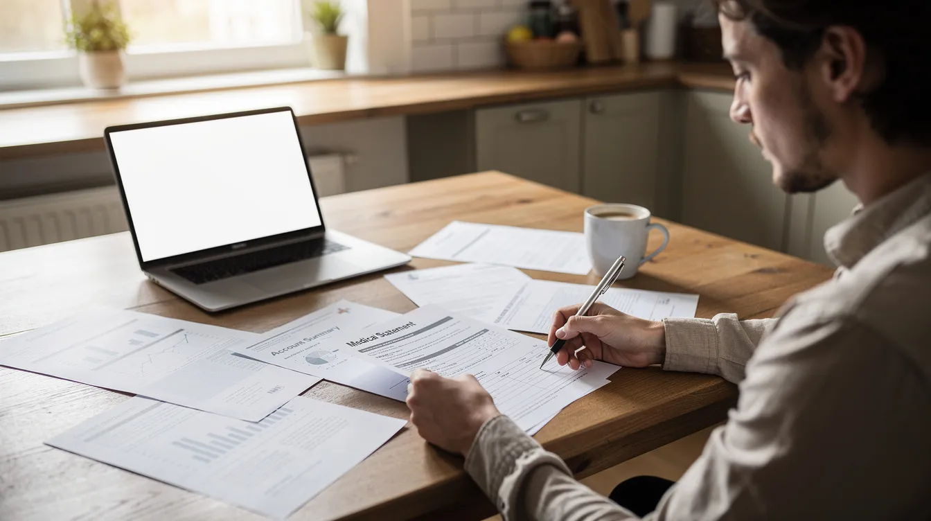 A person sits at a kitchen table, reviewing medical paperwork related to their social security disability claims, with a laptop open nearby. The scene reflects the process of gathering necessary documentation for applying for disability benefits, highlighting the importance of medical evidence and financial assistance in navigating the social security administration.