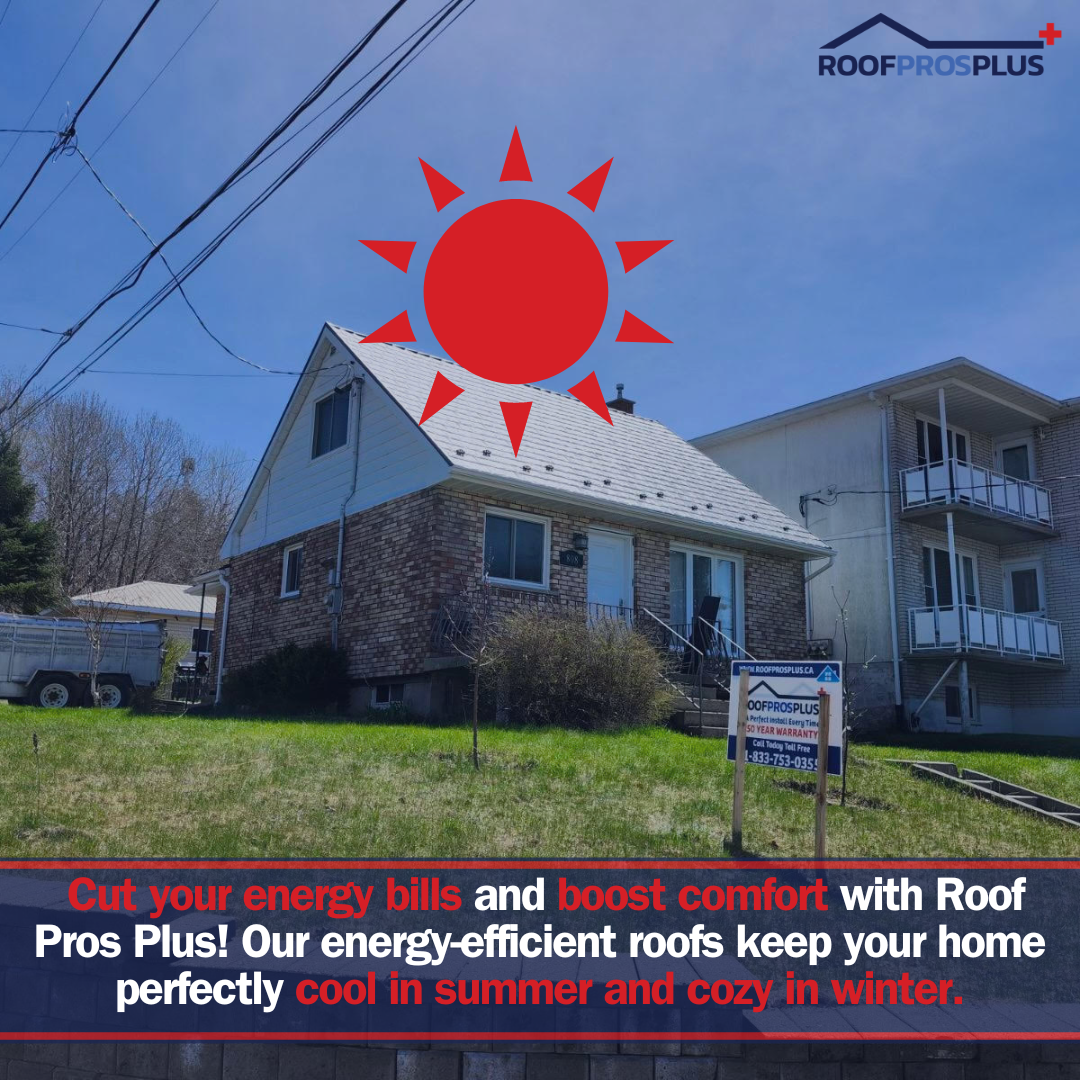 A house with a white metal roof and a large red sun icon above it. A sign in the lawn eads "Roof Pros Plus," emphasizing energy efficiency. The text at the bottom of the image reads "Cut your energy bills and boost comfort with Roof Pros Plus! Our energy-efficient roofs keep your home perfectly cool in summer and cozy in winter."