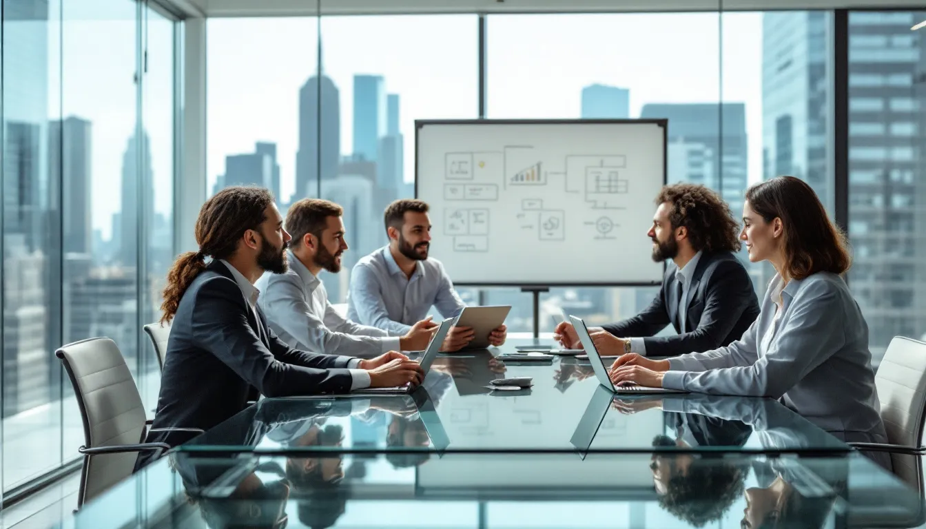 In a modern conference room, a diverse group of senior leaders collaborates, discussing strategies to drive organizational success and enhance leadership skills. They engage in meaningful dialogue, reflecting on tough leadership decisions and exploring innovative approaches for effective change management in rapidly changing work environments.