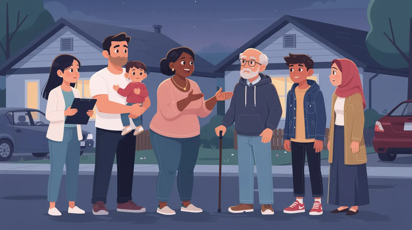 A diverse group of neighbors discussing how to start a neighborhood watch program.