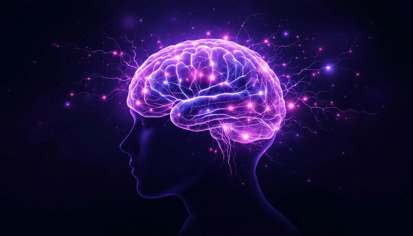 Obraz przedstawia mózg w odcieniach fioletu i różu, symbolizujący proces hipnozy, który może być pomocny w radzeniu sobie z trudnościami, takimi jak stres czy impulsywność. Wizualizacja ta odzwierciedla stan głębokiego relaksu, który sprzyja rozwiązywaniu problemów i poprawie koncentracji w codziennym życiu.