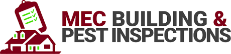 Logo of MEC Building and Pest Inspections, featuring stylized graphical elements representing a house and a magnifying glass, emphasizing their inspection services