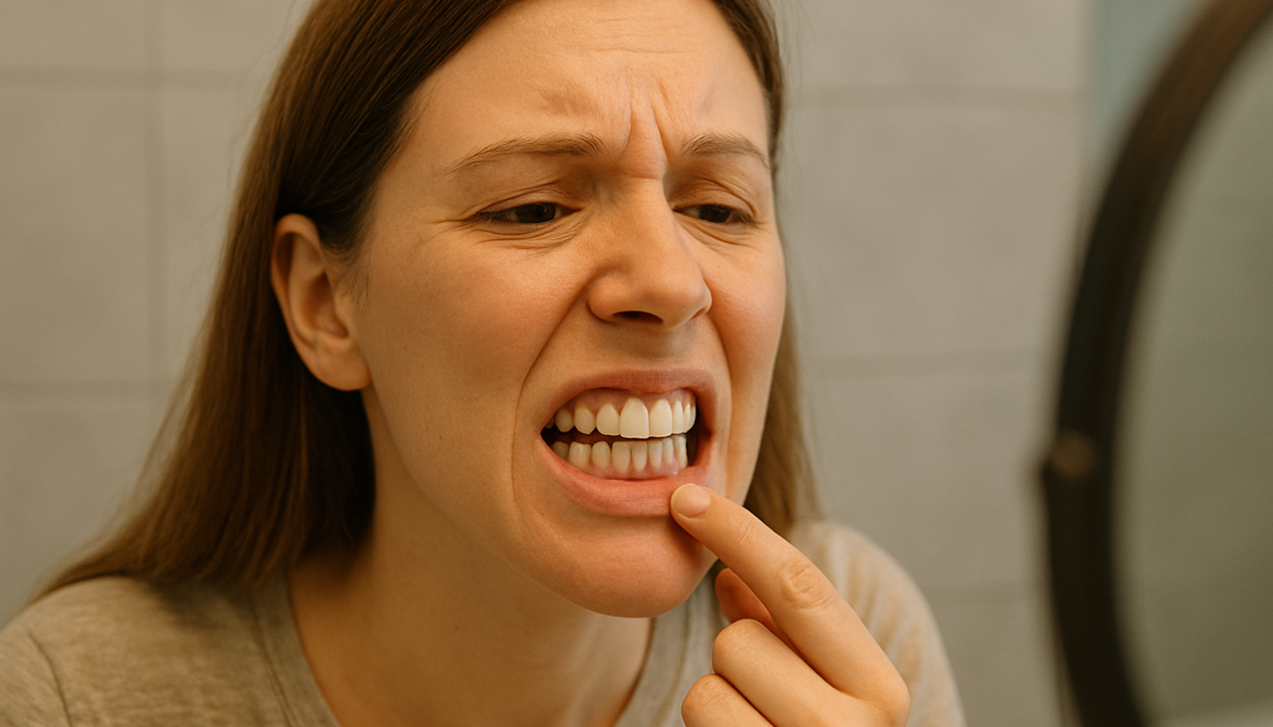 Kvinne undersøker tennene sine foran speilet og viser bekymring over mulige tegn på kalsiummangel i munnen.