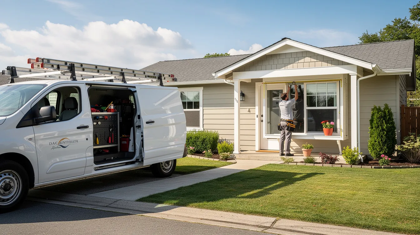 A service vehicle is parked outside a suburban home where a technician is measuring window frames, demonstrating essential repair services in the home improvement industry. This scene highlights the opportunities for franchise owners in the window cleaning franchise business model, showcasing the importance of quality service and customer satisfaction.