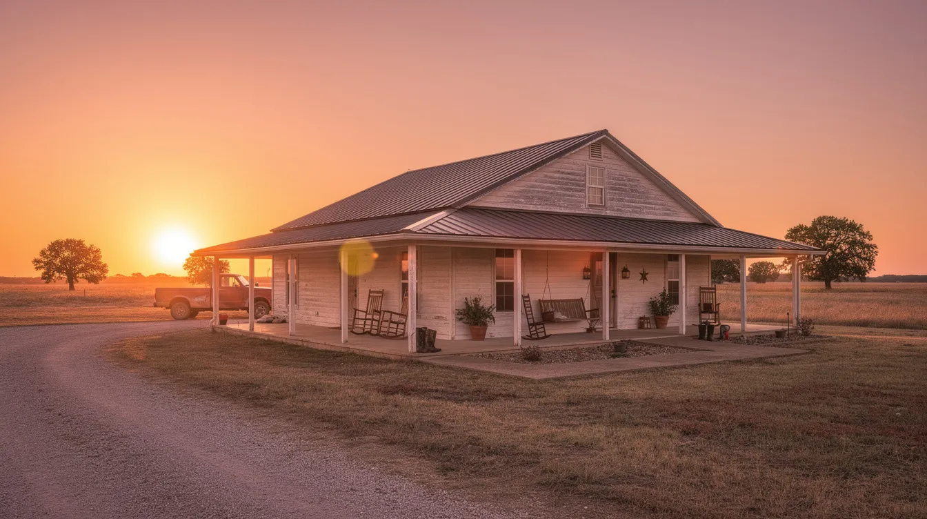 The image depicts a rural Oklahoma home featuring a spacious front porch, bathed in the warm hues of a sunset. This serene setting reflects the essence of Oklahoma living, where residents often engage with state law regarding firearm possession and self-defense in their daily lives.