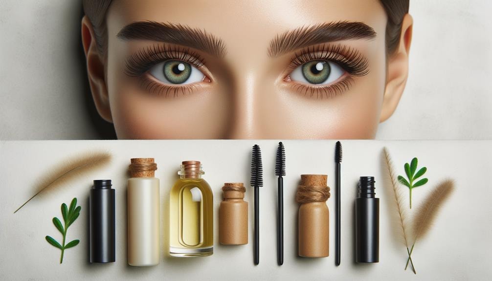 Close-up image of clear, fresh eyes with long healthy lashes, a mascara wand, and natural eyelash care products like oils and cleanser on a clean, minimalist background.