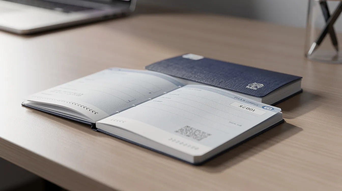 A close-up image shows a bank cheque book and a passbook resting on a desk, highlighting essential tools for managing an Indian bank account. The cheque book features printed cheque leaves, while the passbook displays transaction records, both vital for facilitating money transfers and electronic funds transfer in the Indian financial system.