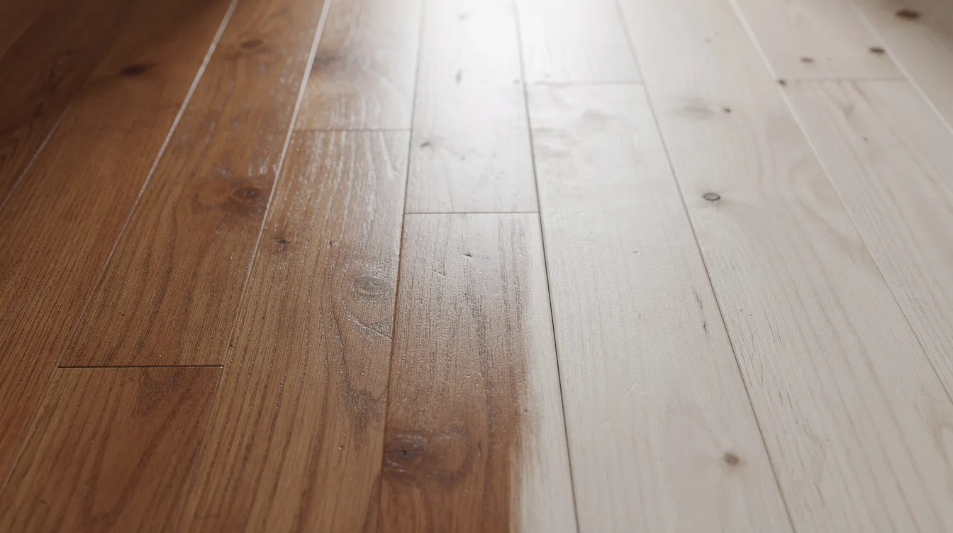 The image shows a section of hardwood floor where one half has been blended to match the existing wood floors, displaying a seamless repair process, while the other half features stained flooring that highlights the contrast between the repaired area and the original surface. This visual representation emphasizes the importance of matching wood species and finish in hardwood floor repair.