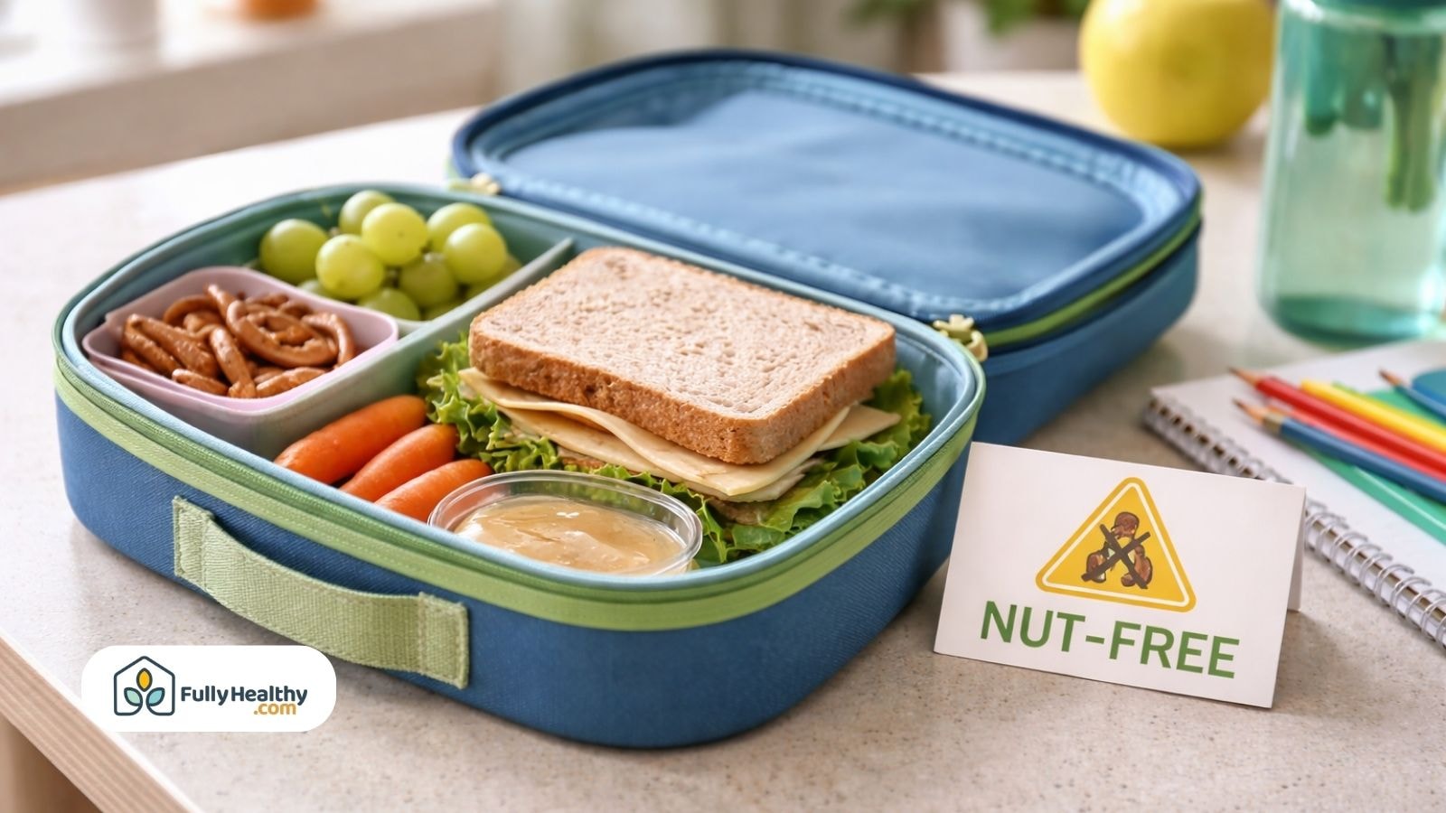 Nut-free school lunchbox with sandwich fruits and allergy sign