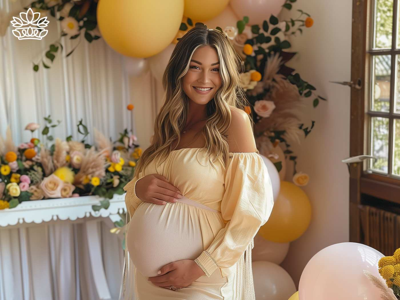 Beaming pregnant woman in a soft yellow dress embracing her belly, surrounded by a whimsical arrangement of sunny blooms and balloons, epitomising Fabulous Flowers and Gifts.