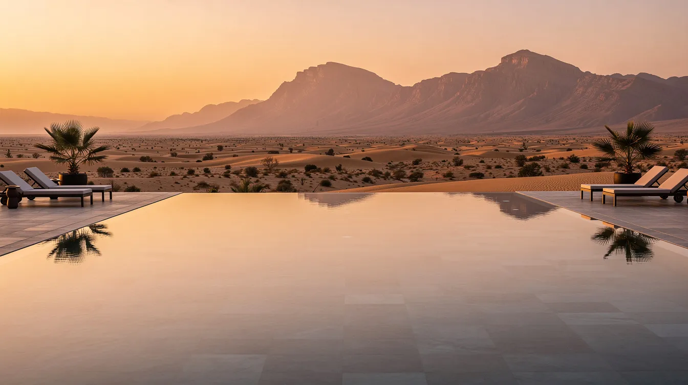 An infinity pool offers a breathtaking panoramic view of the Agafay Desert and the Atlas Mountains, providing a luxurious and serene environment for guests to relax. This gigantic swimming pool, ideal for families and couples, features sun loungers and full access to amenities, making it a perfect spot for a chill day in Marrakech.