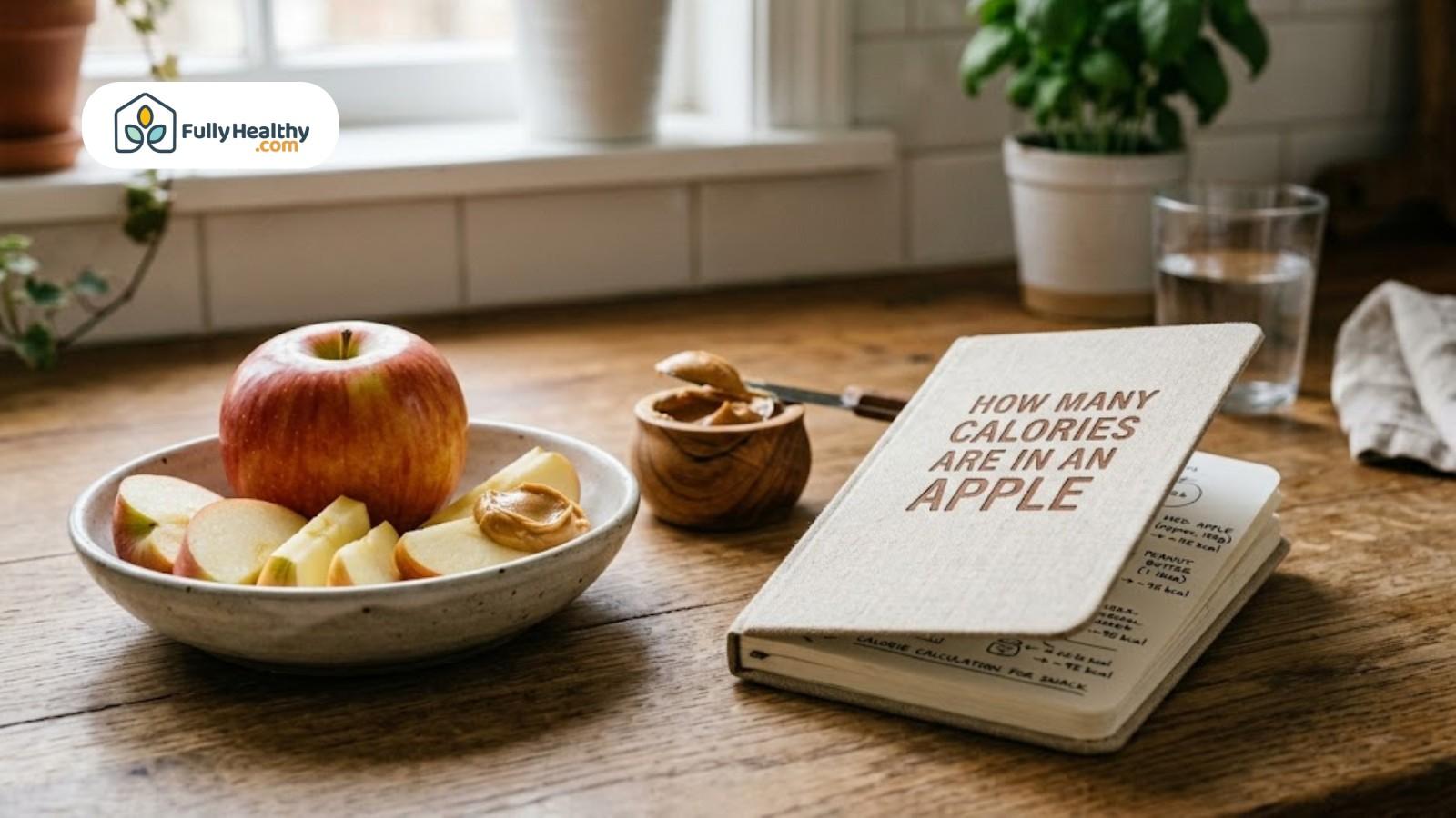 Apple slices with peanut butter beside book about apple calorie information