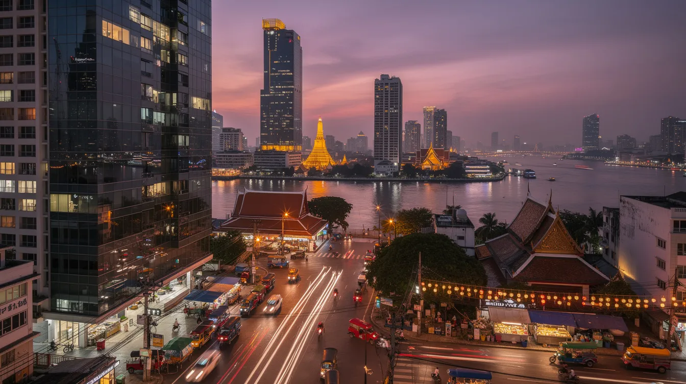 A imagem retrata uma movimentada rua de Bangkok, na Tailândia, com pessoas caminhando entre lojas e restaurantes típicos. Ao fundo, é possível ver arranha-céus que representam a modernidade da cidade, contrastando com a cultura local vibrante.