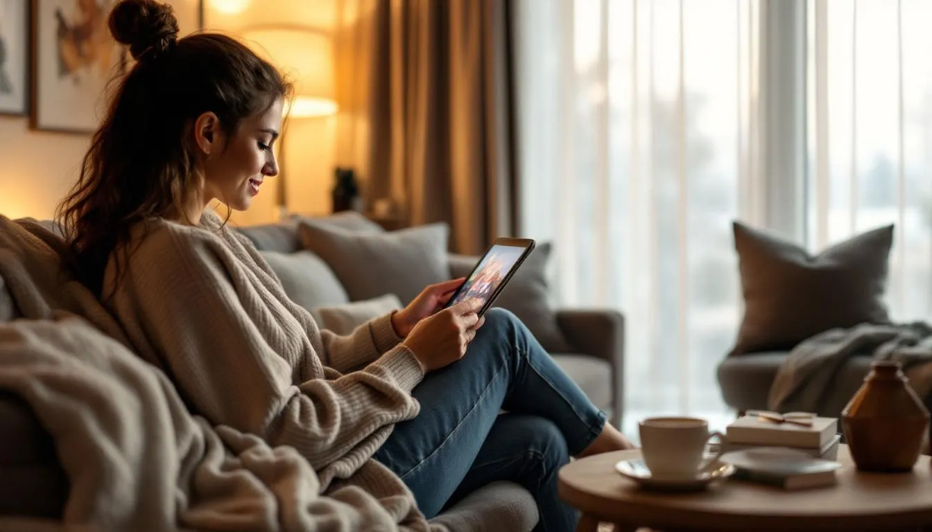 A person is comfortably seated, using a tablet to access various online casino games, including slot games and blackjack, on a user-friendly gaming platform. This secure environment allows players to start playing and earn rewards through the vegas sweeps app, available for both Android and iOS users.