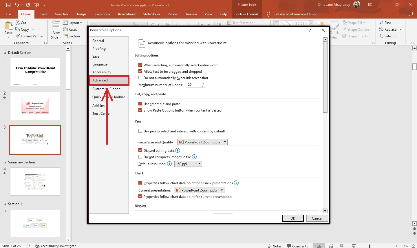 Click "Advanced" options in the "PowerPoint Options."