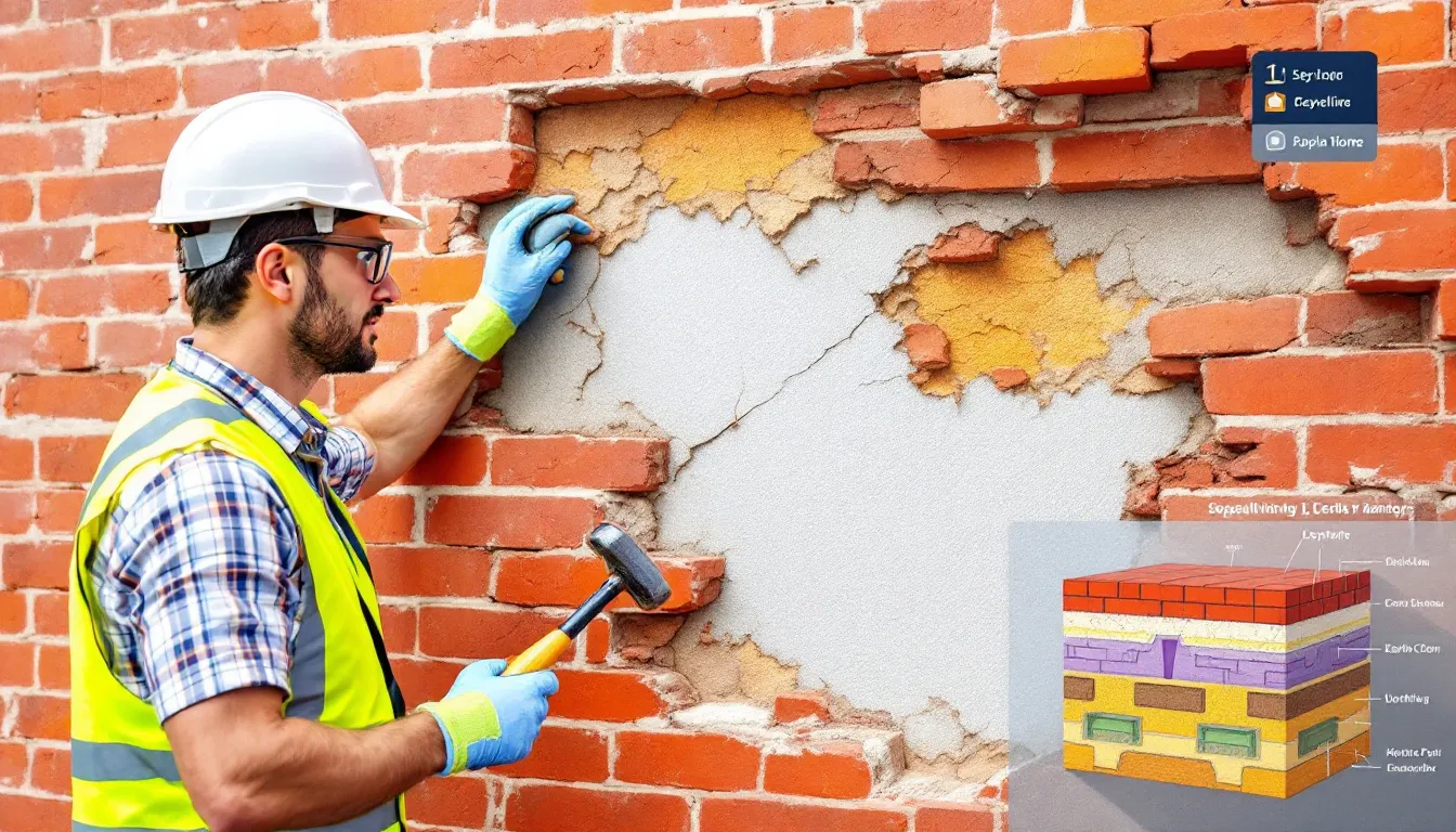 A professional inspecting a brick wall for spalling damage.