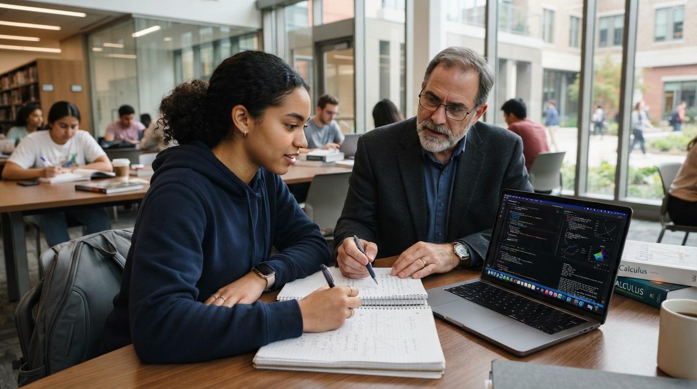 Photorealistic college student solving a complex assignment on a laptop with handwritten notes and a professor providing guidance nearby, modern higher education setting.