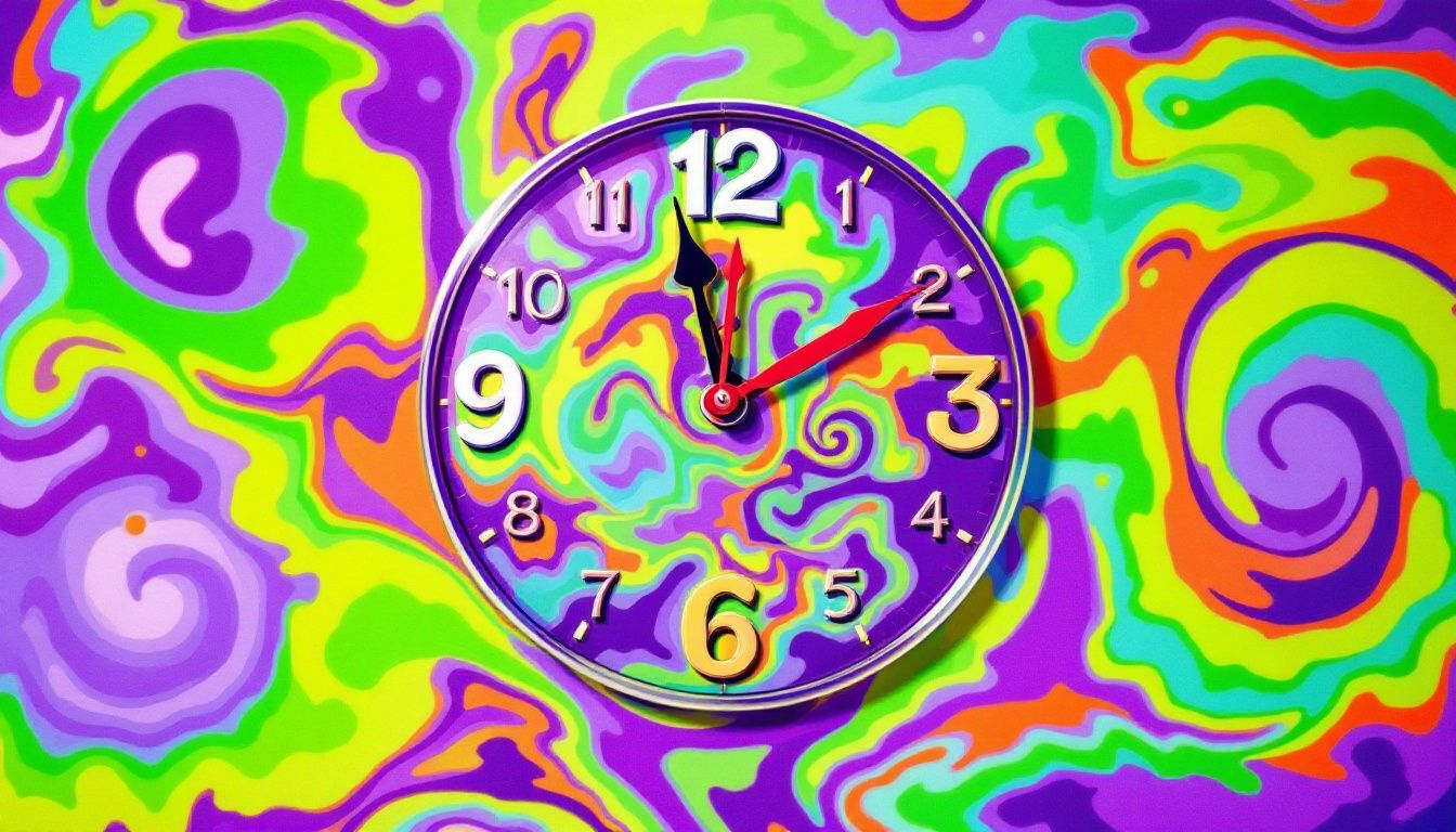 A clock illustrating the duration of an acid trip.