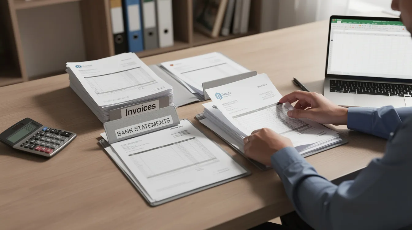 634a7a67 1f41 4c0f 90bf 9a46e163ee1c A person is meticulously organizing purchase invoices and bank statements on a desk, which are essential documents for small businesses seeking financial assistance through schemes like the Pradhan Mantri Mudra Yojana. The scene emphasizes the importance of maintaining accurate records for managing cash flow and applying for loans from financial institutions.