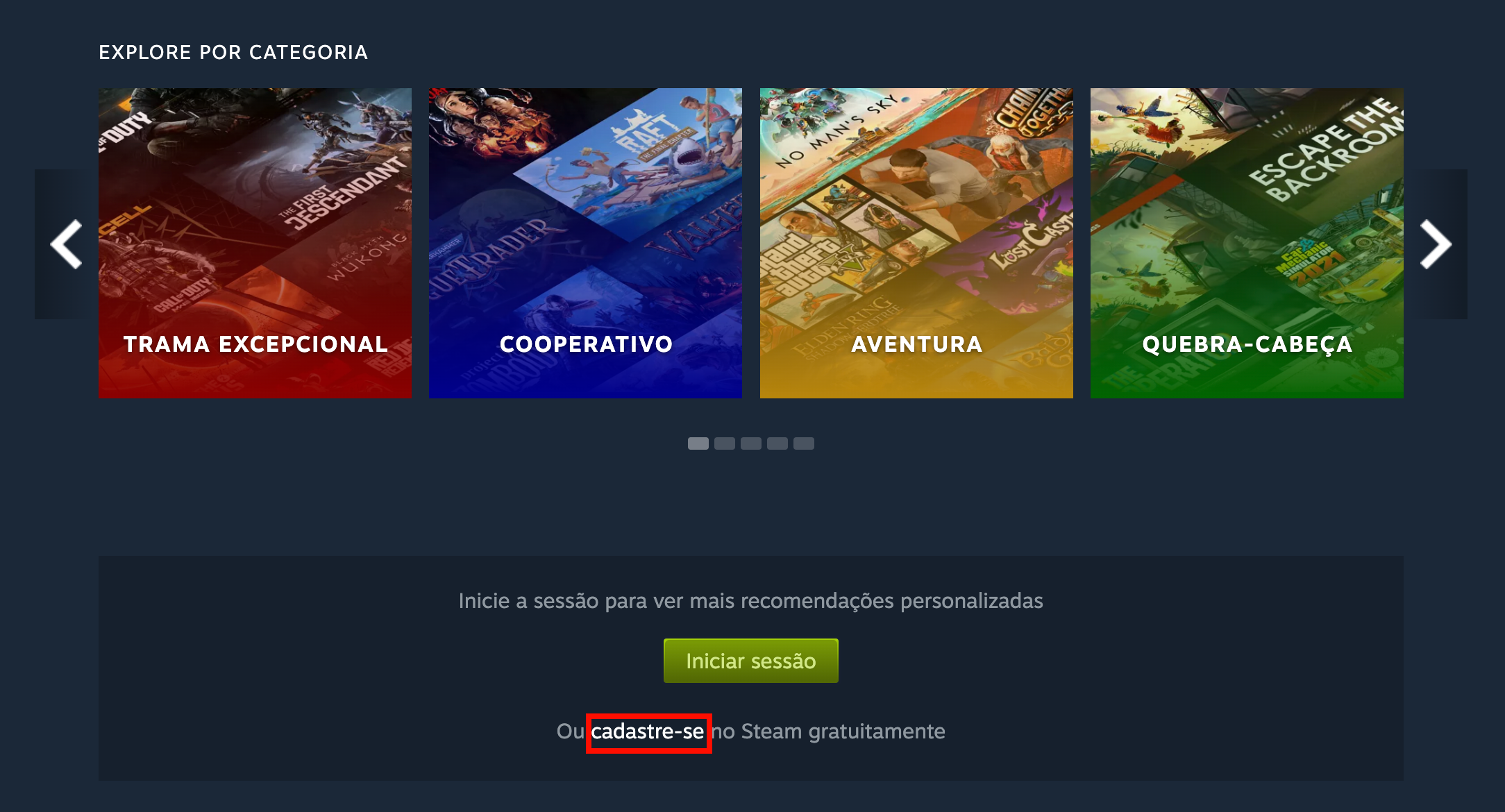 Selecionando o botão Cadastrar-se para registrar uma conta no Steam