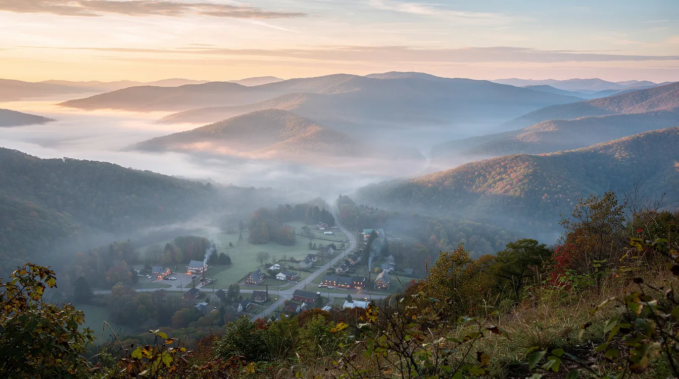 The image depicts the Great Smoky Mountains bathed in the warm hues of sunrise, with a quaint small town nestled in the valley below, surrounded by lush greenery. This serene landscape contrasts with the complexities of corporate environments, where shareholder disputes and fiduciary duties often arise among majority and minority shareholders.