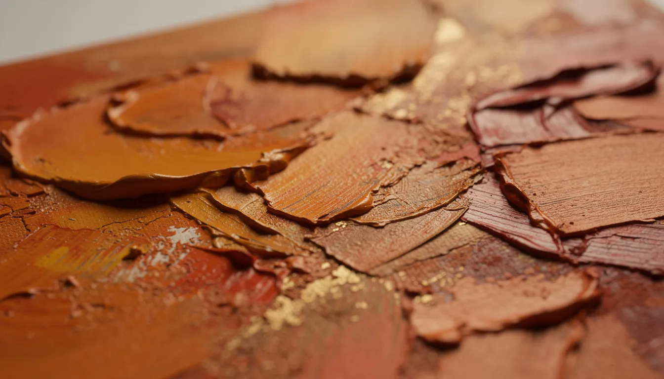 Närbild på en abstrakt canvastavla med en rik textur och lager av varma färger som skapar en modern och elegant känsla. Tavlan passar perfekt som dekoration i hemmet, särskilt i vardagsrummet, och bidrar till en unik inredning.