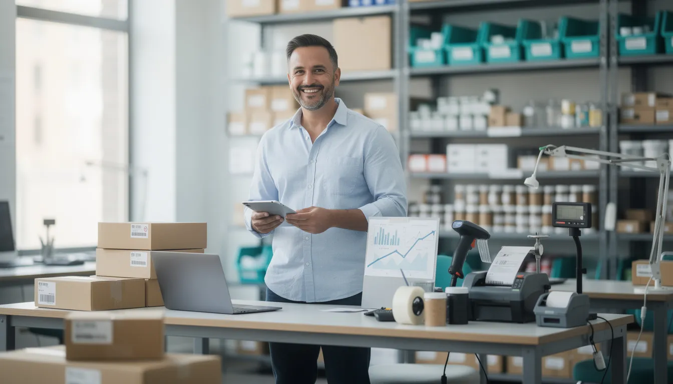 The image depicts a successful eCommerce business owner in their modern fulfillment workspace, exuding confidence while reviewing data on a tablet that shows multiple requests for products. Shelves stocked with inventory and neatly arranged shipping boxes reflect the operational flow and growth of their business, symbolizing the achievement of funding and the potential for international expansion in the eCommerce market. The experience suggests commitment to growing money and the ability to pay bills.