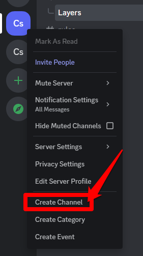 Closeup image showing the create channel tab on Discord