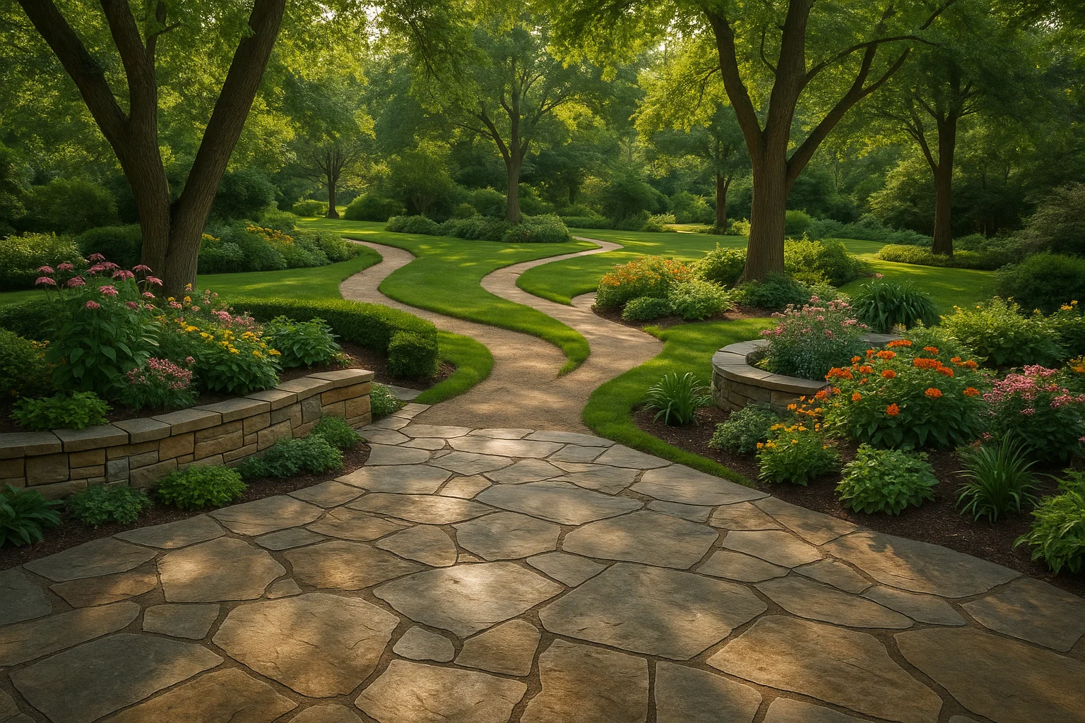 Natural stone patio blending into garden paths and greenery for a cohesive design.