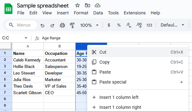 A screenshot of Google Sheets with the right-click menu opened from the column header.