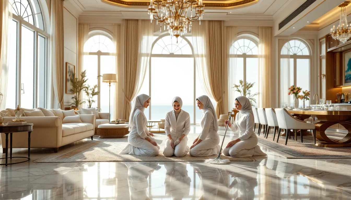 A team of professional cleaners providing villa deep cleaning services in Dubai.