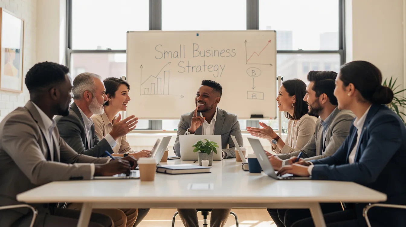 The image shows a diverse group of small business owners engaged in discussion around a conference table, highlighting their collaboration and advocacy for policies that support economic growth. They are likely sharing insights on floor bills introduced and strategies to submit bill requests that impact small businesses in California.