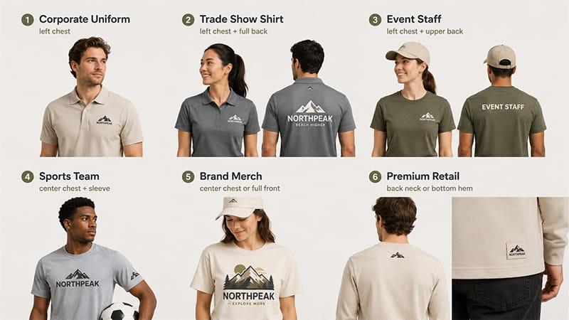 Logo placement examples for corporate uniforms, trade show shirts, event staff apparel, sports shirts, branded merchandise, and premium retail clothing