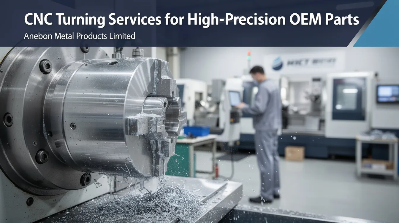 The image showcases CNC turning services provided by Anebon Metal Products Limited, highlighting high-precision OEM parts crafted through advanced CNC machining processes. It features a CNC lathe machine in action, producing cylindrical parts with excellent surface finish and precise tolerances, suitable for various industries including automotive and aerospace.