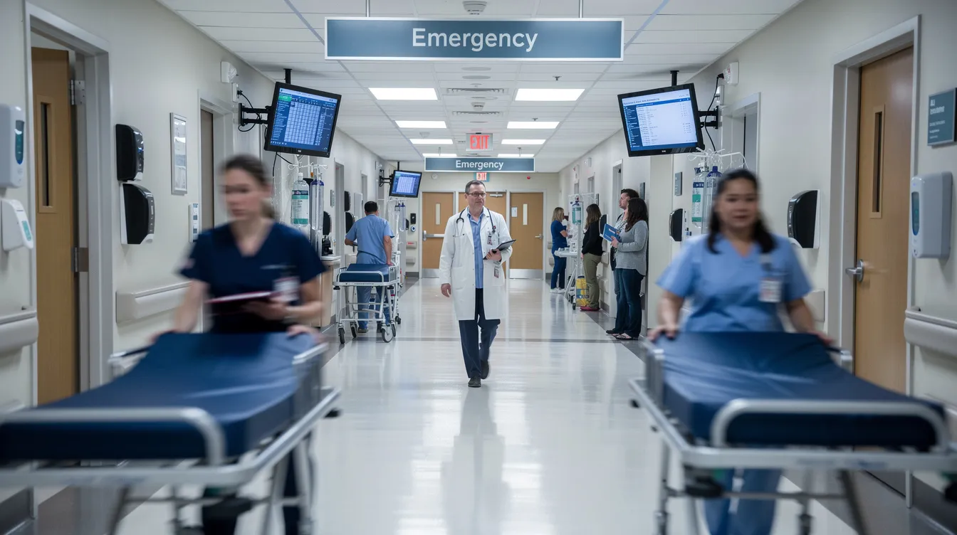 The image shows a bustling hospital emergency department hallway filled with medical professionals in motion, attending to patients and managing urgent situations. This scene highlights the critical role of healthcare providers in ensuring timely diagnosis and treatment, which is essential to prevent medical negligence and potential medical malpractice cases.