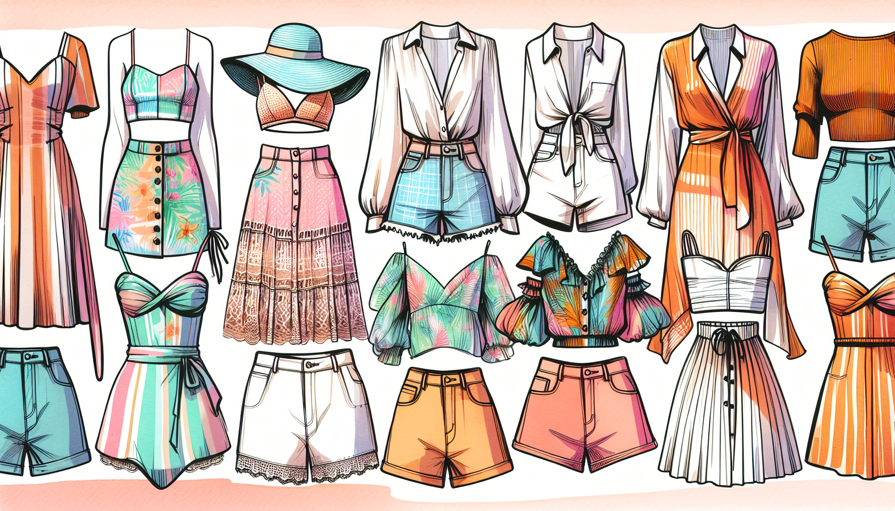 Sommermode 2024: Illustration von verschiedenen modischen Outfits für die warme Jahreszeit.