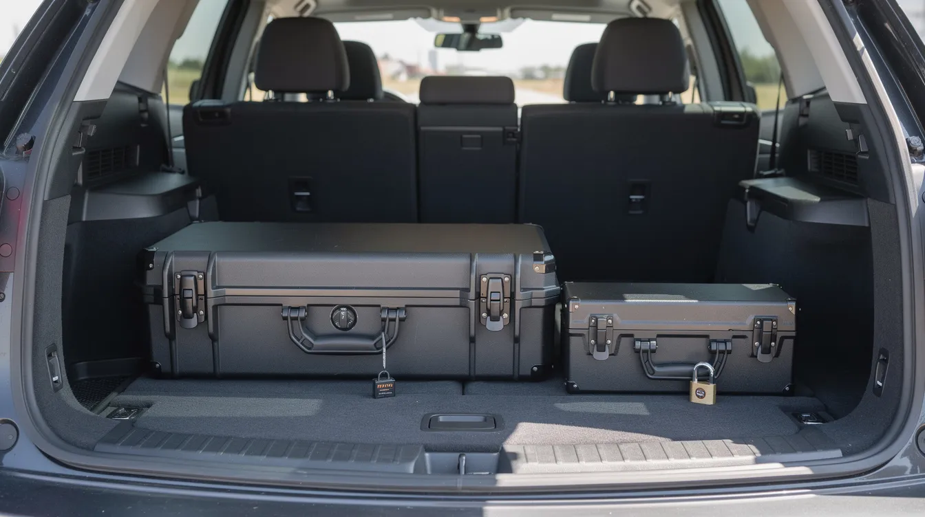 The image shows a locked hard-sided firearm case and a separate ammunition container placed securely in the cargo area of a vehicle, emphasizing the importance of firearms safety and compliance with Maryland gun laws. This setup highlights the necessity of proper storage and transportation of firearms to ensure public safety.