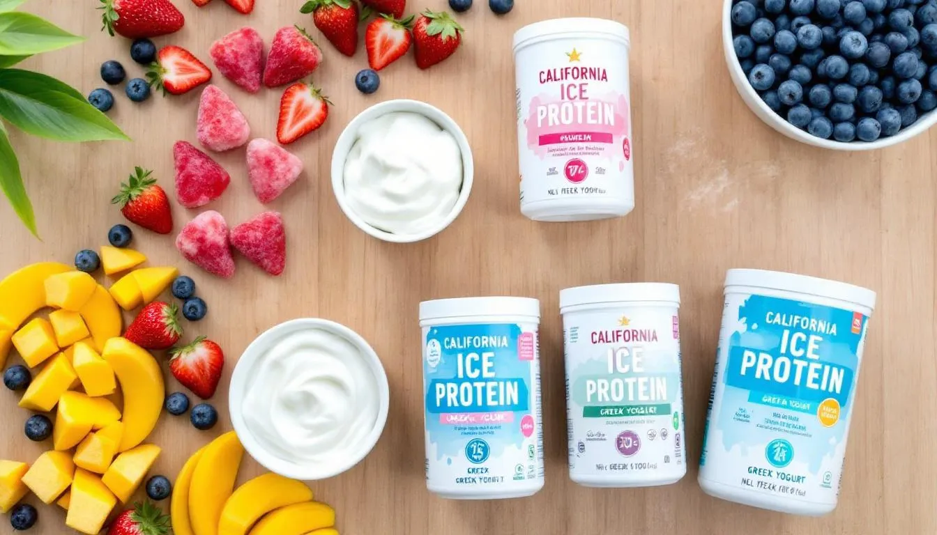 The image displays an assortment of containers filled with California Ice Protein powder, alongside creamy Greek yogurt and a vibrant selection of frozen fruits, including strawberries, mango, and berries. This colorful arrangement suggests a delicious and healthy treat, perfect for making high protein frozen yogurt or yogurt ice cream.
