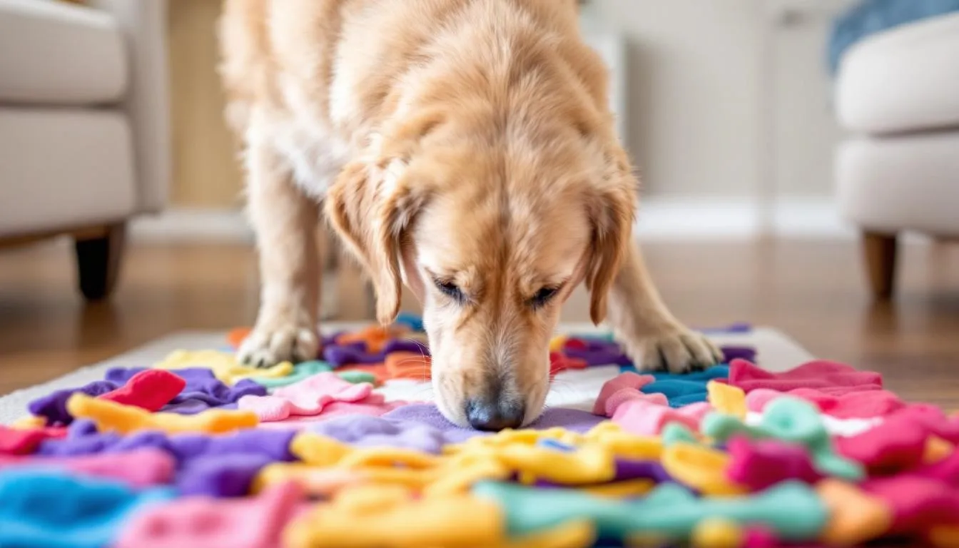 A dog is happily using a colorful snuffle mat made of fleece strips, eagerly searching for hidden treats, showcasing its natural foraging skills. This engaging activity provides mental stimulation and keeps the dog entertained.