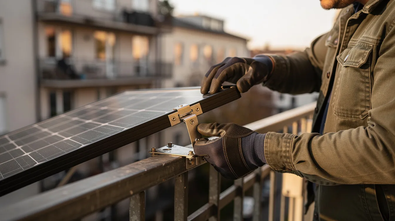 Die Nahaufnahme zeigt eine Person, die ein Solarmodul an einem Balkongeländer befestigt, um eine Mini-PV-Anlage, auch bekannt als Balkonkraftwerk, zu installieren. Diese umweltfreundliche Lösung könnte sich lohnen, um die Stromkosten im Haushalt zu senken und eigenen Solarstrom zu erzeugen.