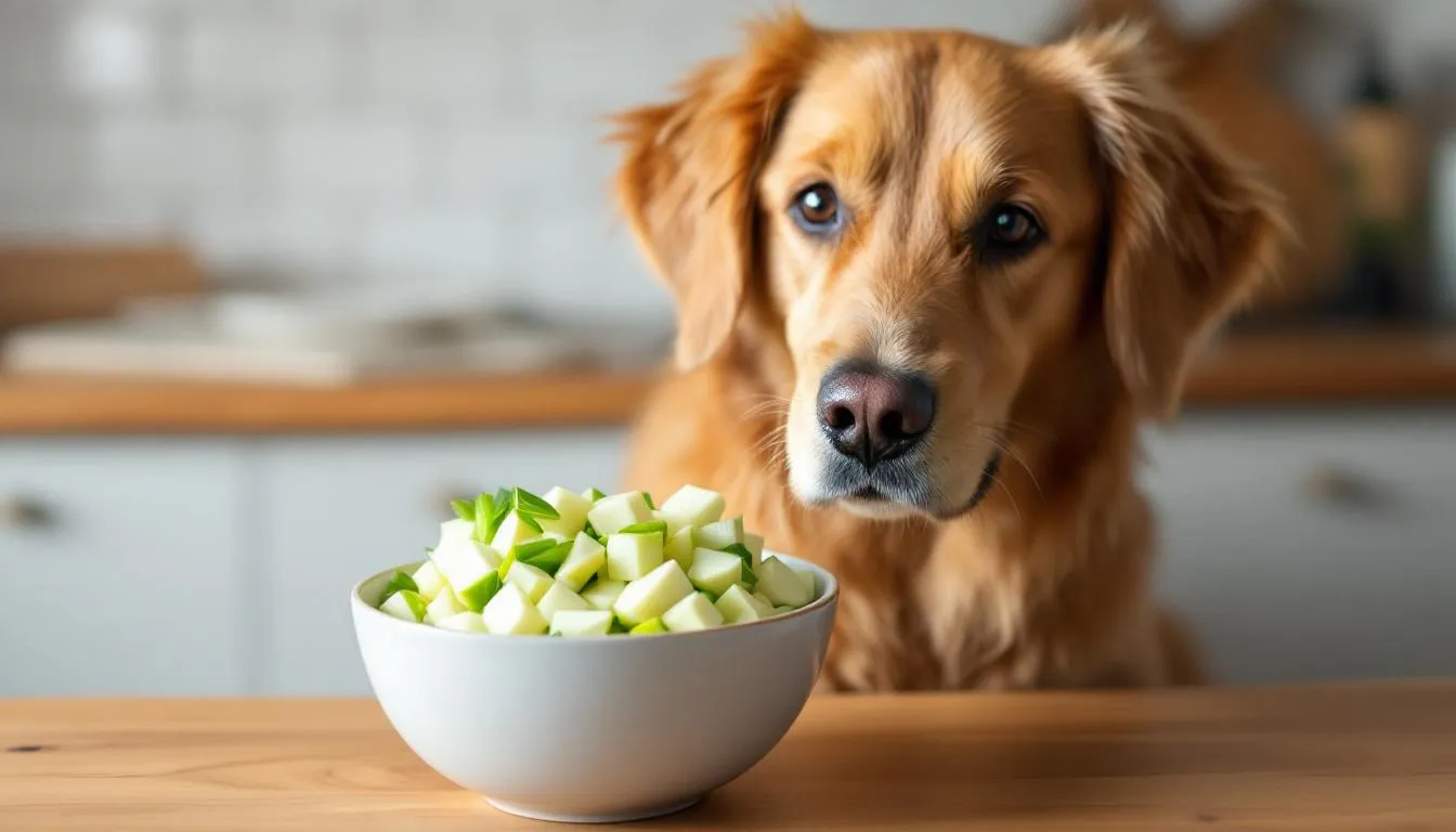 A happy dog sits beside a bowl filled with small pieces of chopped fennel, showcasing a potential addition to a furry friend
