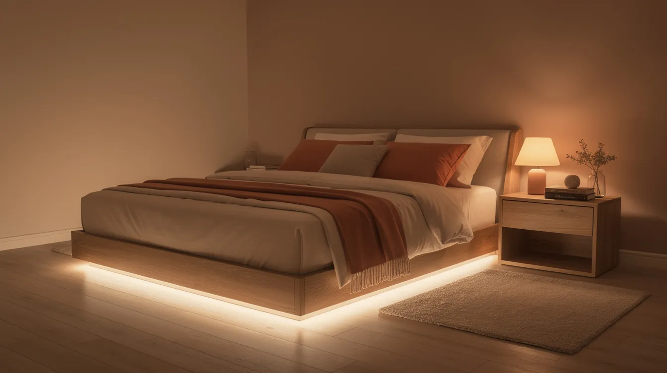 Een sfeervolle slaapkamer met warme kleuren, verlicht door zacht licht onder een laag bed. Naast het bed staat een houten nachtkastje, wat bijdraagt aan de huiselijke uitstraling van de ruimte.